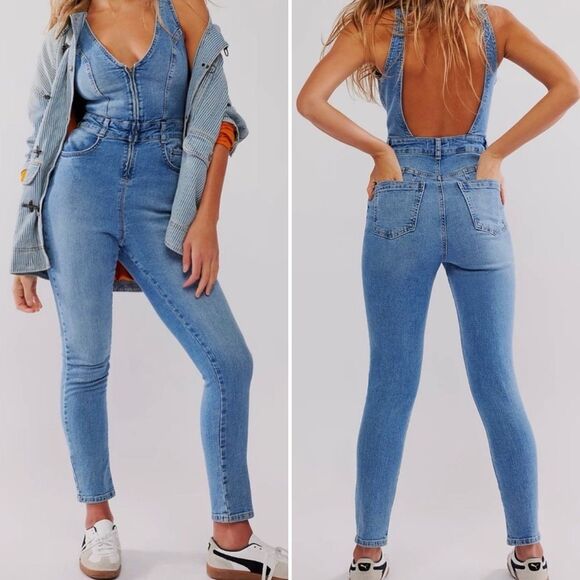 New We The Free Crvy Queens Court Blue Denim Overalls XL - Picture 2 of 10